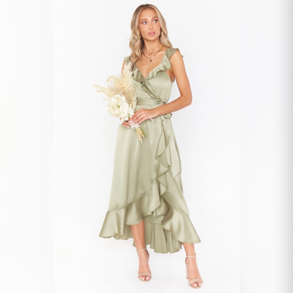 Show Me Your Mumu Samantha Wrap Ruffle Wrap Dress, Moss Green Luxe Satin, XL